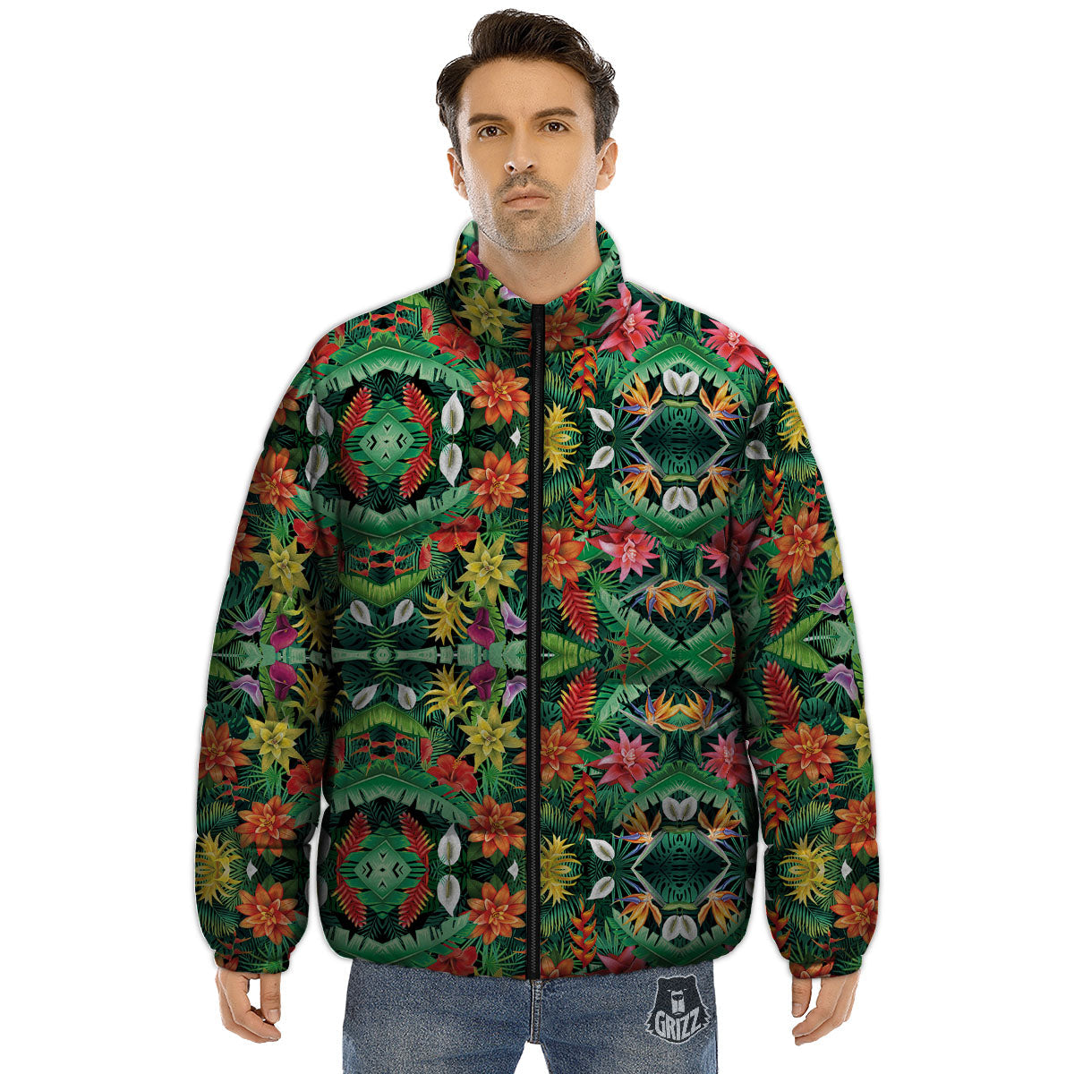 Flowers Hawaiian Floral Print Pattern Puffer Jacket-grizzshop