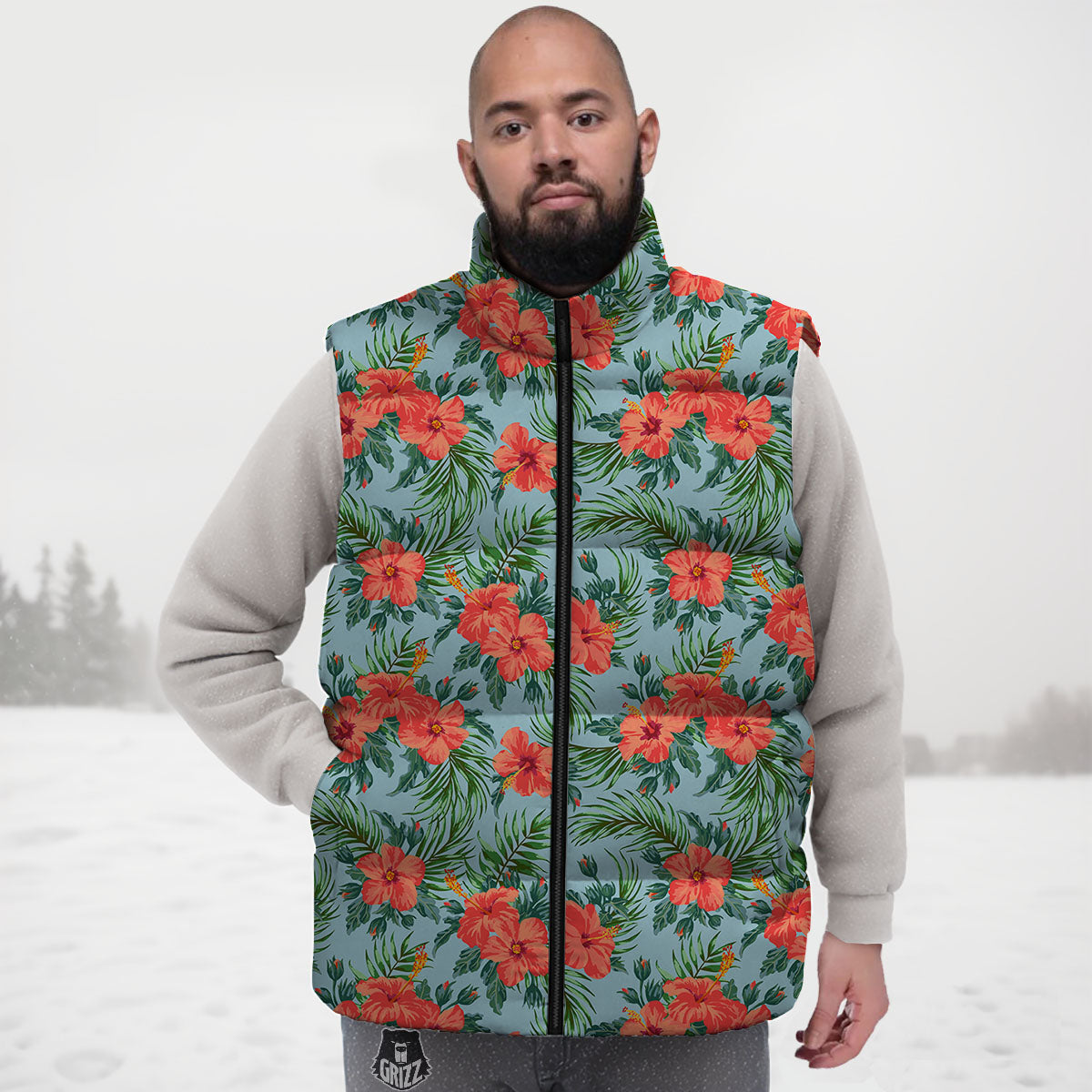 Flowers Hawaiian Hibiscus Print Pattern Down Vest