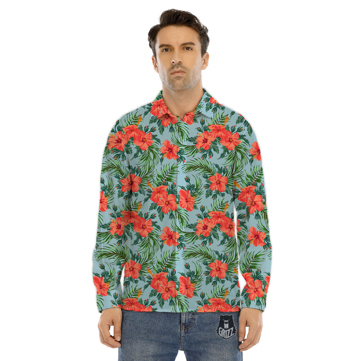 Flowers Hawaiian Hibiscus Print Pattern Men's Dress Shirts-grizzshop