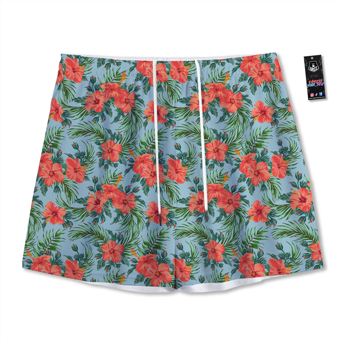 Flowers Hawaiian Hibiscus Print Pattern Mesh Shorts