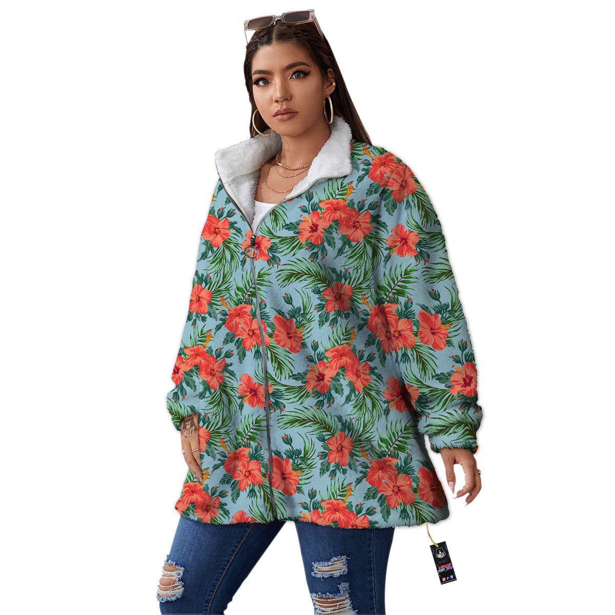 Flowers Hawaiian Hibiscus Print Pattern Women's Sherpa Jacket-grizzshop