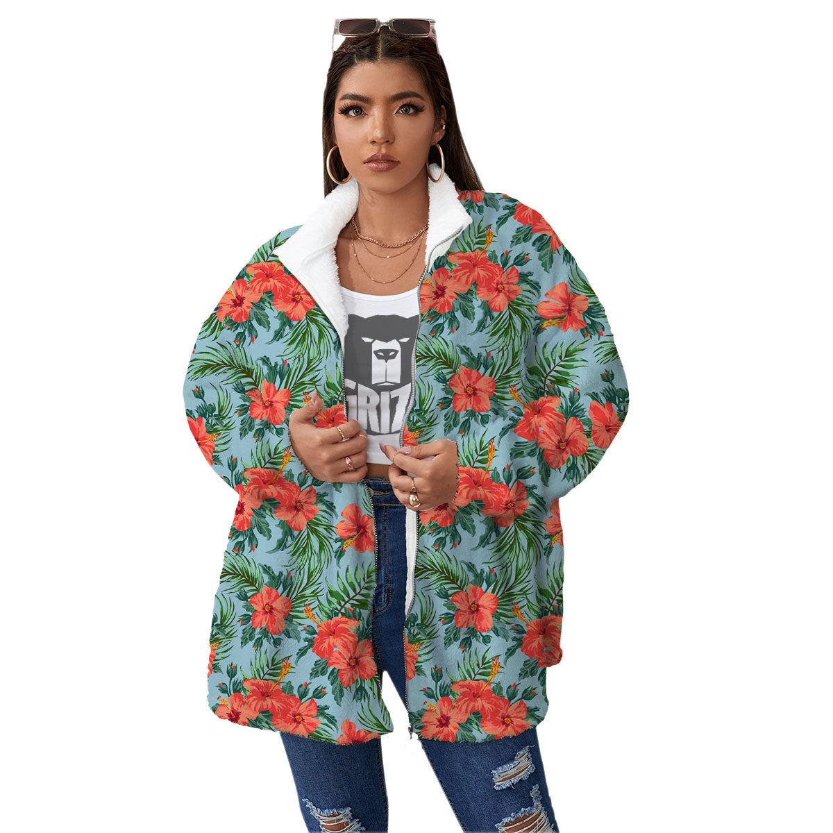 Flowers Hawaiian Hibiscus Print Pattern Women's Sherpa Jacket-grizzshop
