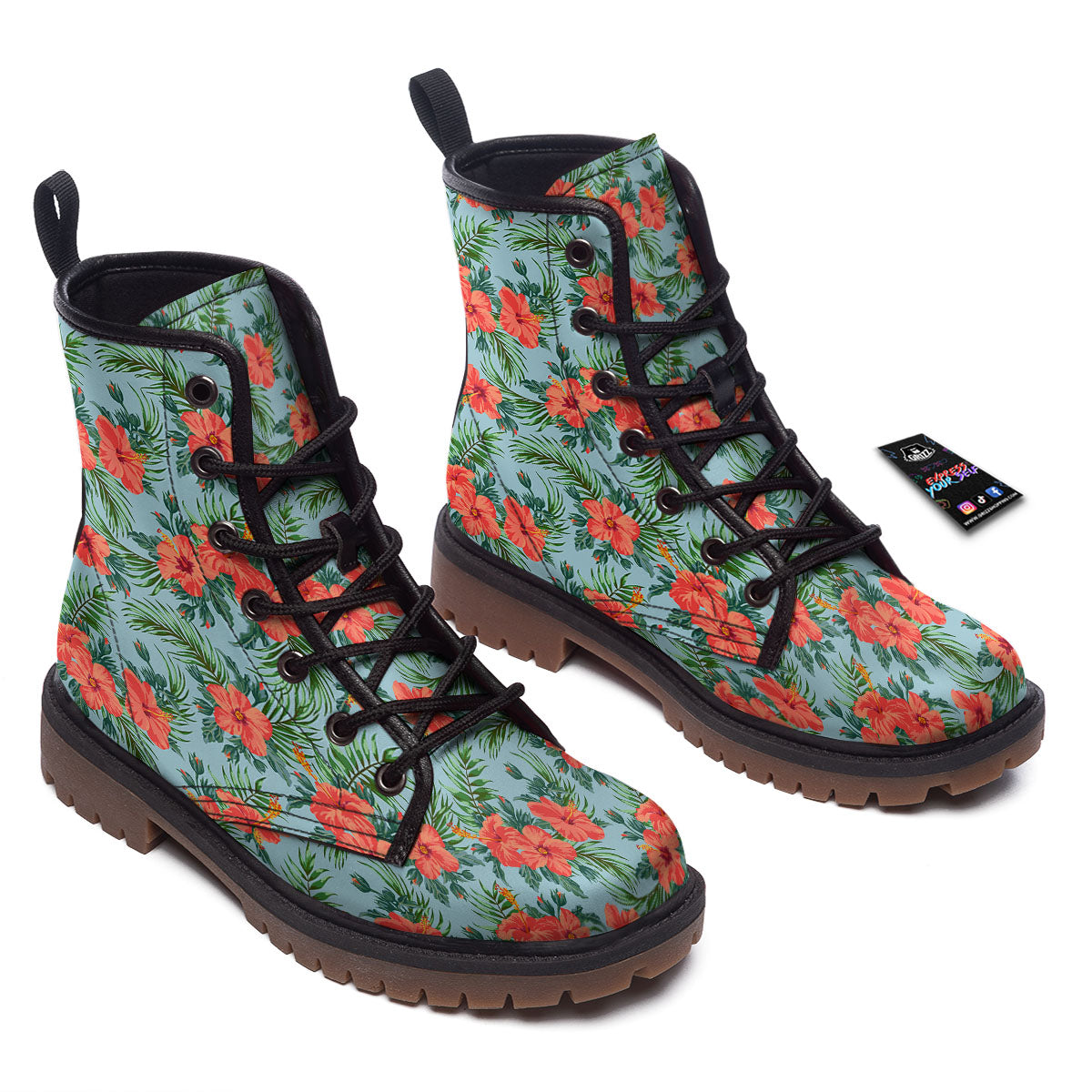 Flowers Hawaiian Hibiscus Print Pattern Work Boots-grizzshop