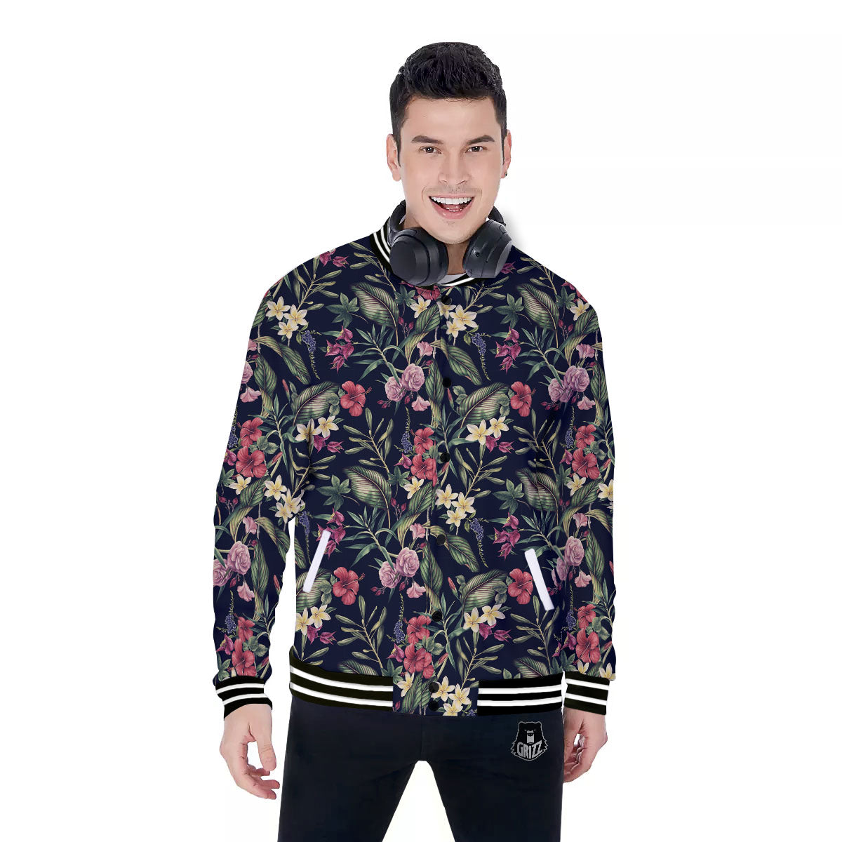 Flowers Hawaiian Tropical Print Pattern Baseball Jacket-grizzshop