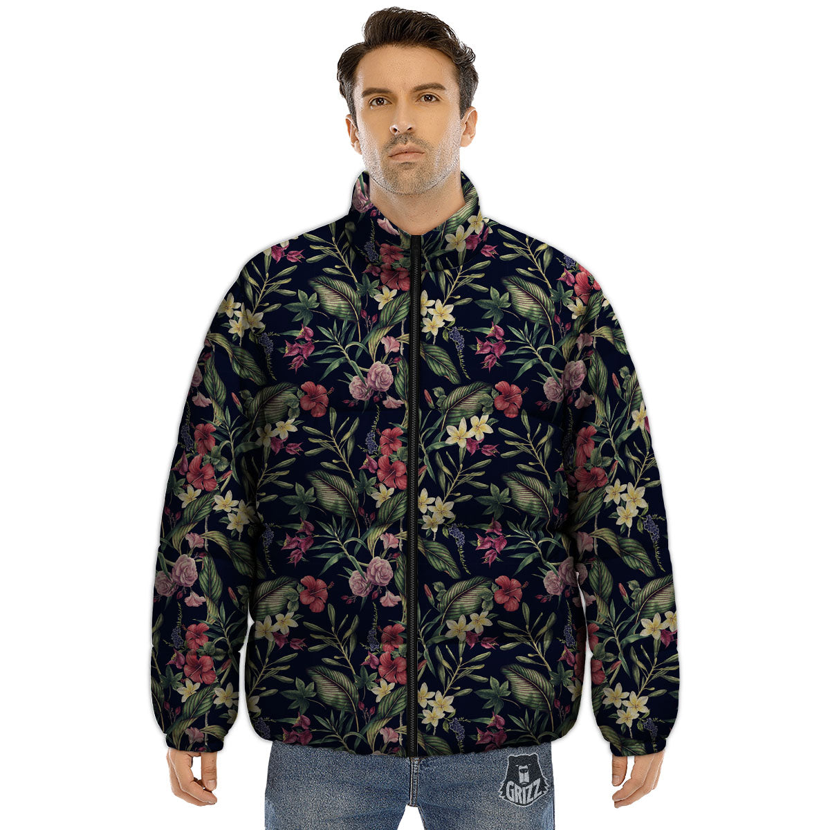 Flowers Hawaiian Tropical Print Pattern Puffer Jacket-grizzshop