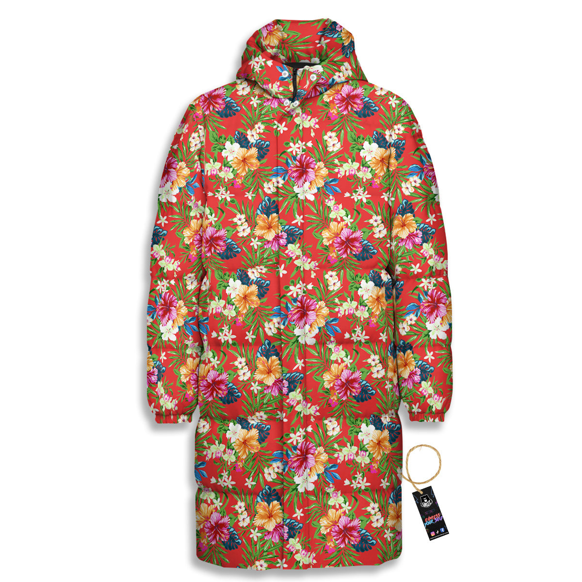Flowers Hibiscus Colorful Print Pattern Long Down Jacket-grizzshop