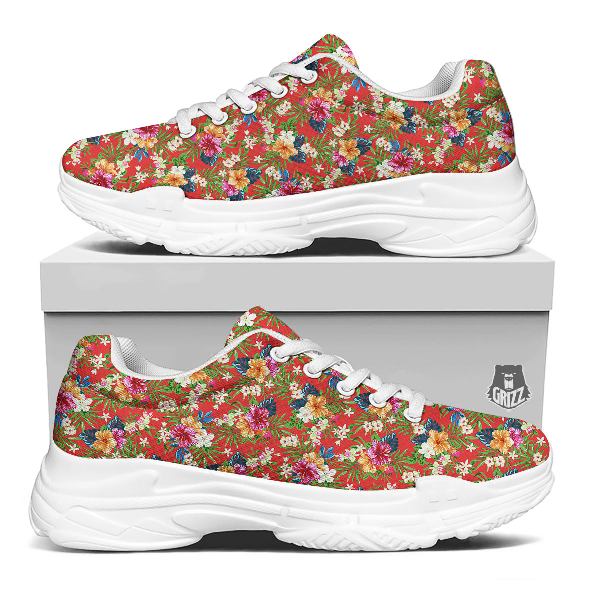 Flowers Hibiscus Colorful Print Pattern White Chunky Shoes-grizzshop