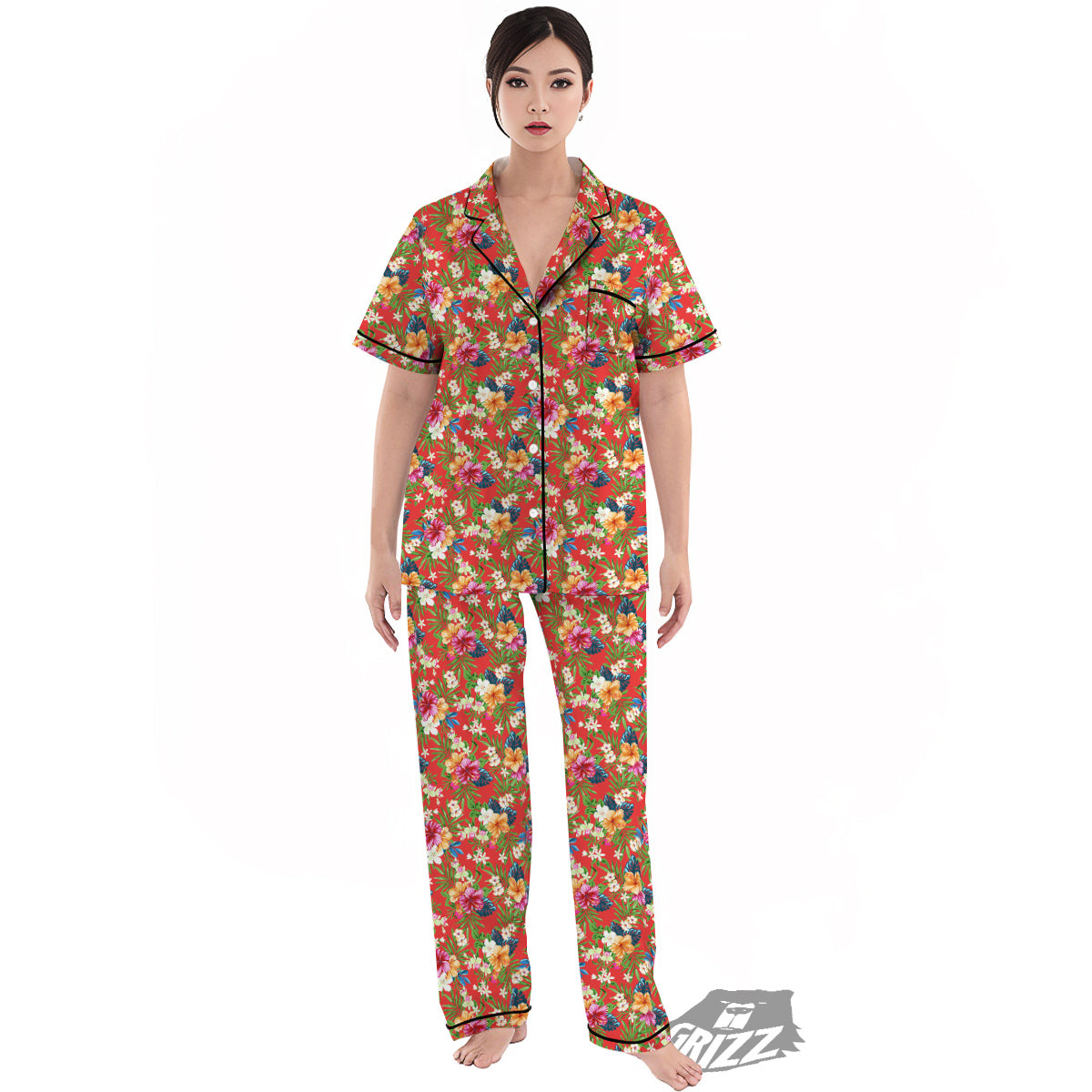 Flowers Hibiscus Colorful Print Pattern Women's Pajamas Set-grizzshop