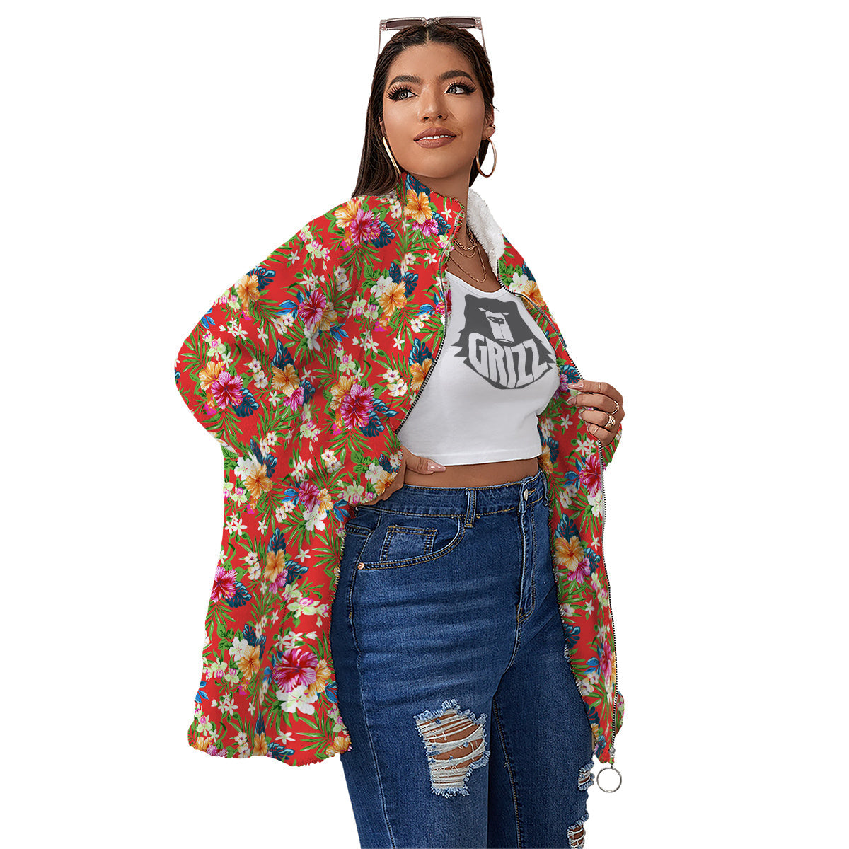 Flowers Hibiscus Colorful Print Pattern Women's Sherpa Jacket-grizzshop