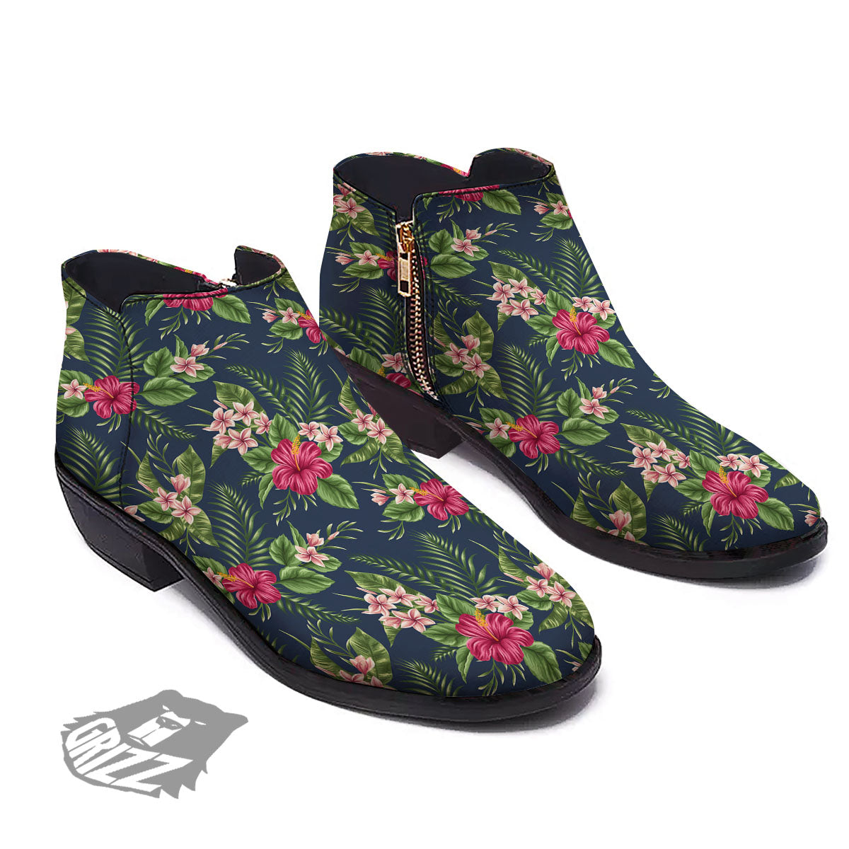Flowers Hibiscus Plumeria Print Pattern Ankle Boots-grizzshop