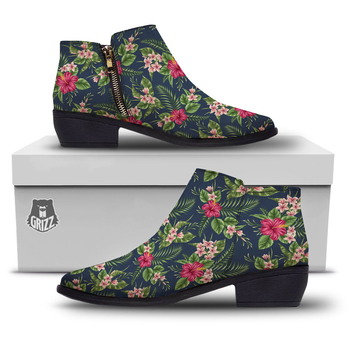 Flowers Hibiscus Plumeria Print Pattern Ankle Boots-grizzshop