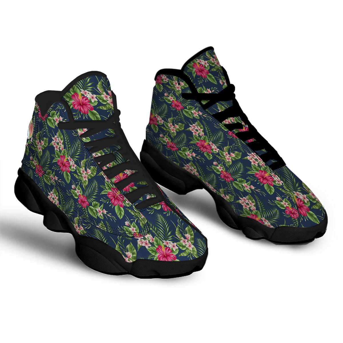 Flowers Hibiscus Plumeria Print Pattern Black Basketball Shoes-grizzshop