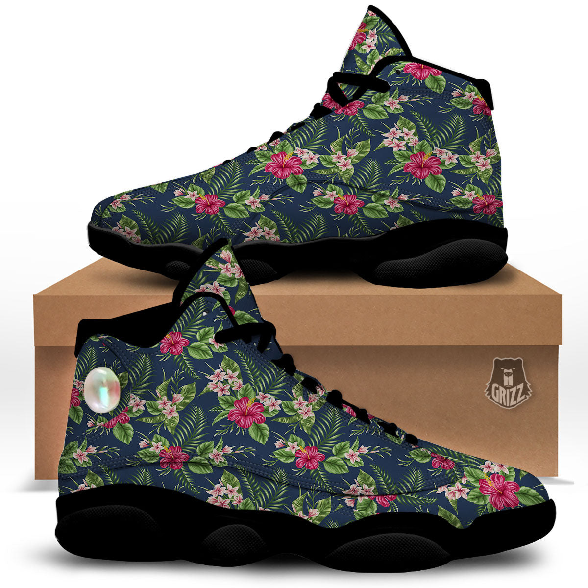 Flowers Hibiscus Plumeria Print Pattern Black Basketball Shoes-grizzshop