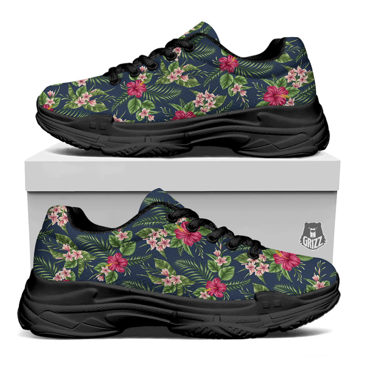 Flowers Hibiscus Plumeria Print Pattern Black Chunky Shoes-grizzshop