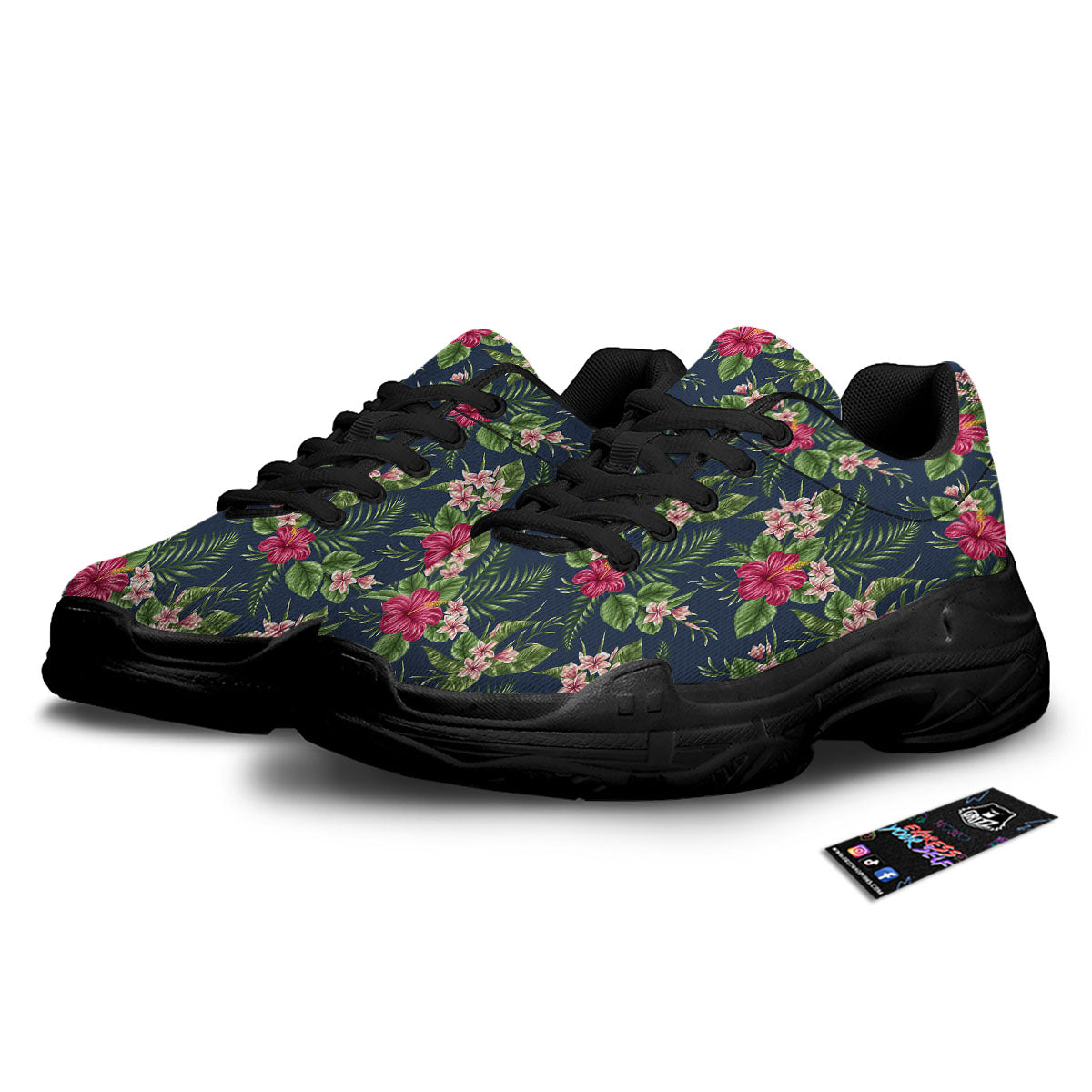 Flowers Hibiscus Plumeria Print Pattern Black Chunky Shoes-grizzshop