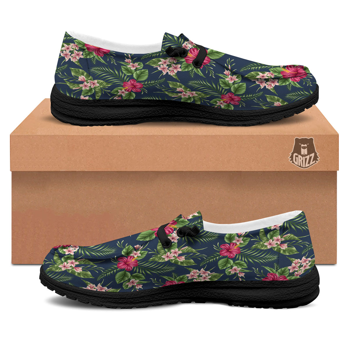 Flowers Hibiscus Plumeria Print Pattern Black Loafers-grizzshop