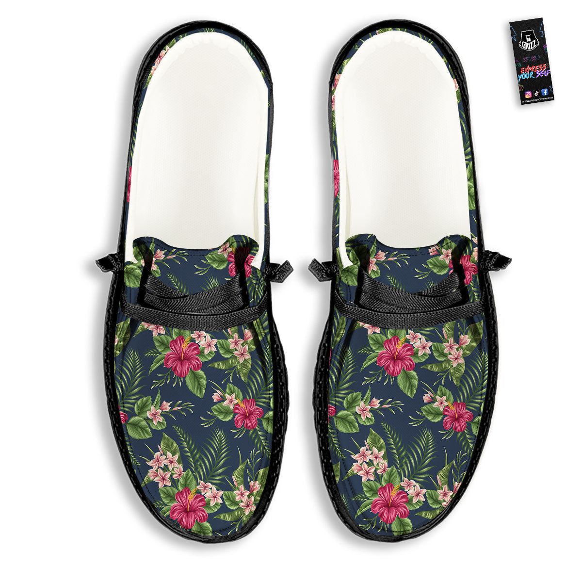 Flowers Hibiscus Plumeria Print Pattern Black Loafers-grizzshop