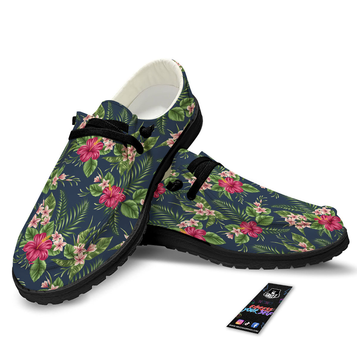 Flowers Hibiscus Plumeria Print Pattern Black Loafers-grizzshop