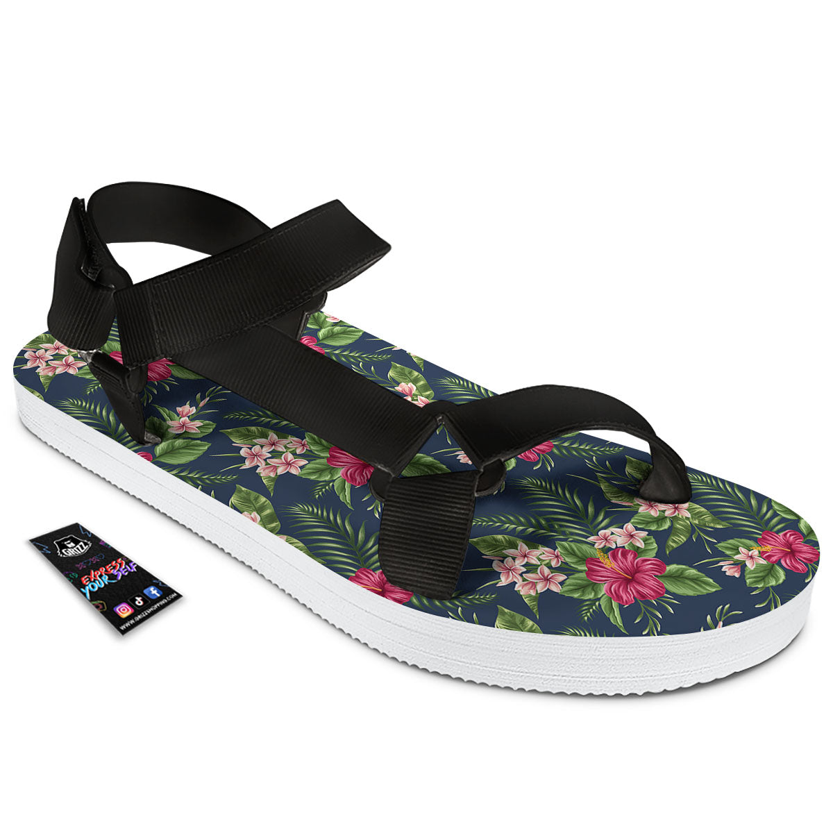 Flowers Hibiscus Plumeria Print Pattern Black Open Toe Sandals-grizzshop