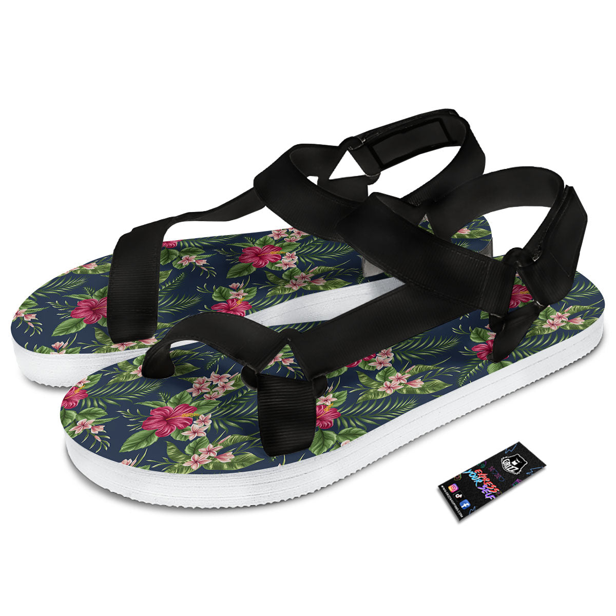 Flowers Hibiscus Plumeria Print Pattern Black Open Toe Sandals-grizzshop