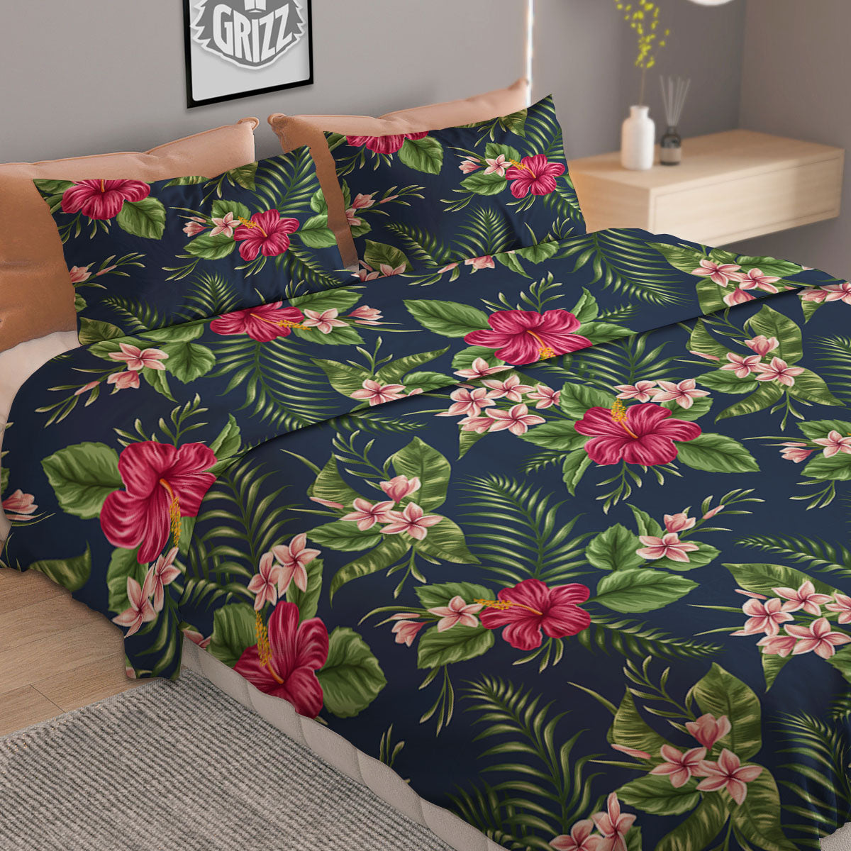 Flowers Hibiscus Plumeria Print Pattern Duvet Cover Bedding Set