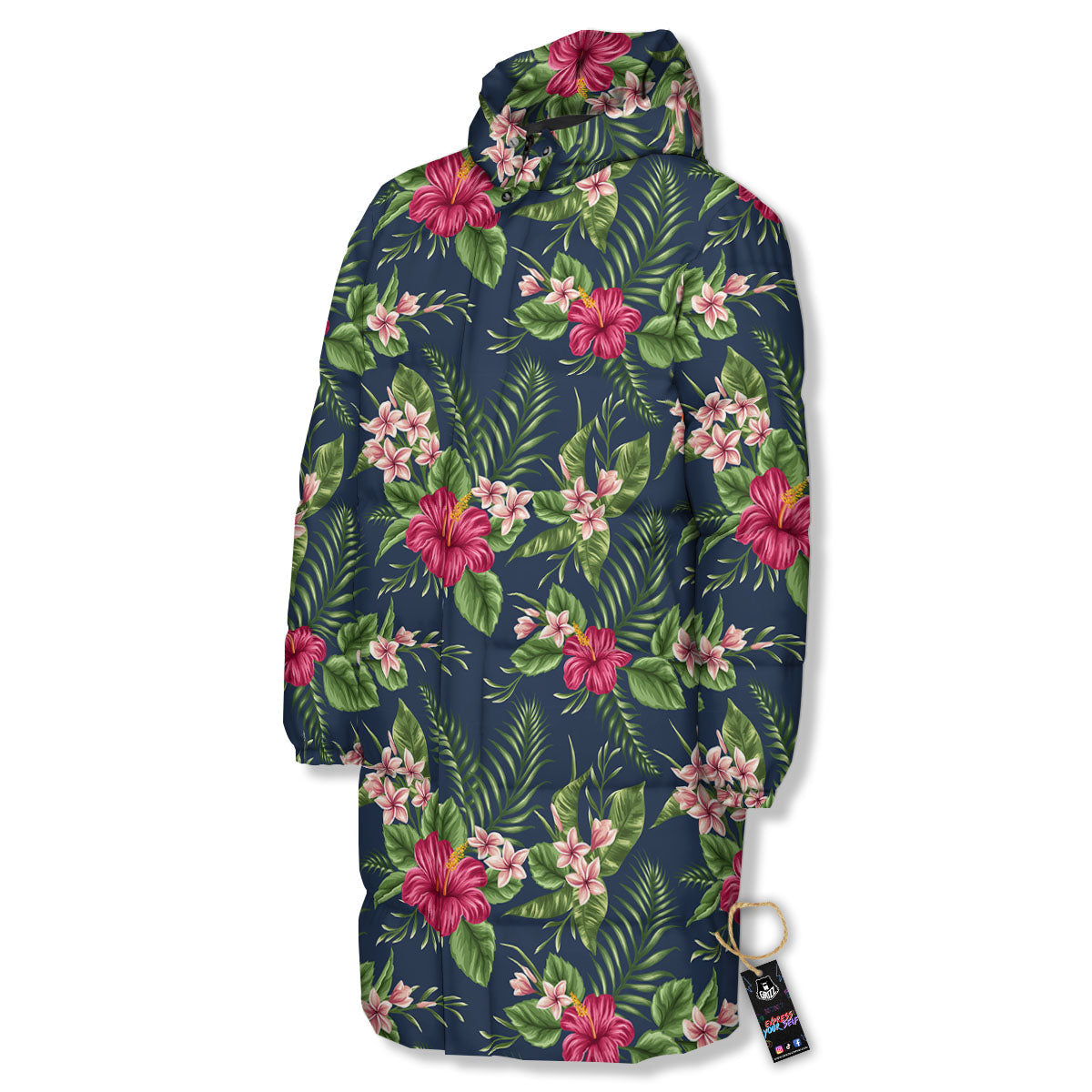 Flowers Hibiscus Plumeria Print Pattern Long Down Jacket-grizzshop