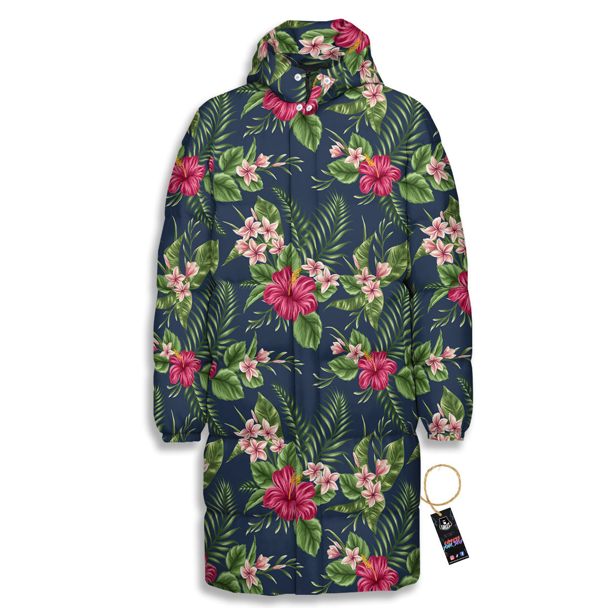 Flowers Hibiscus Plumeria Print Pattern Long Down Jacket-grizzshop