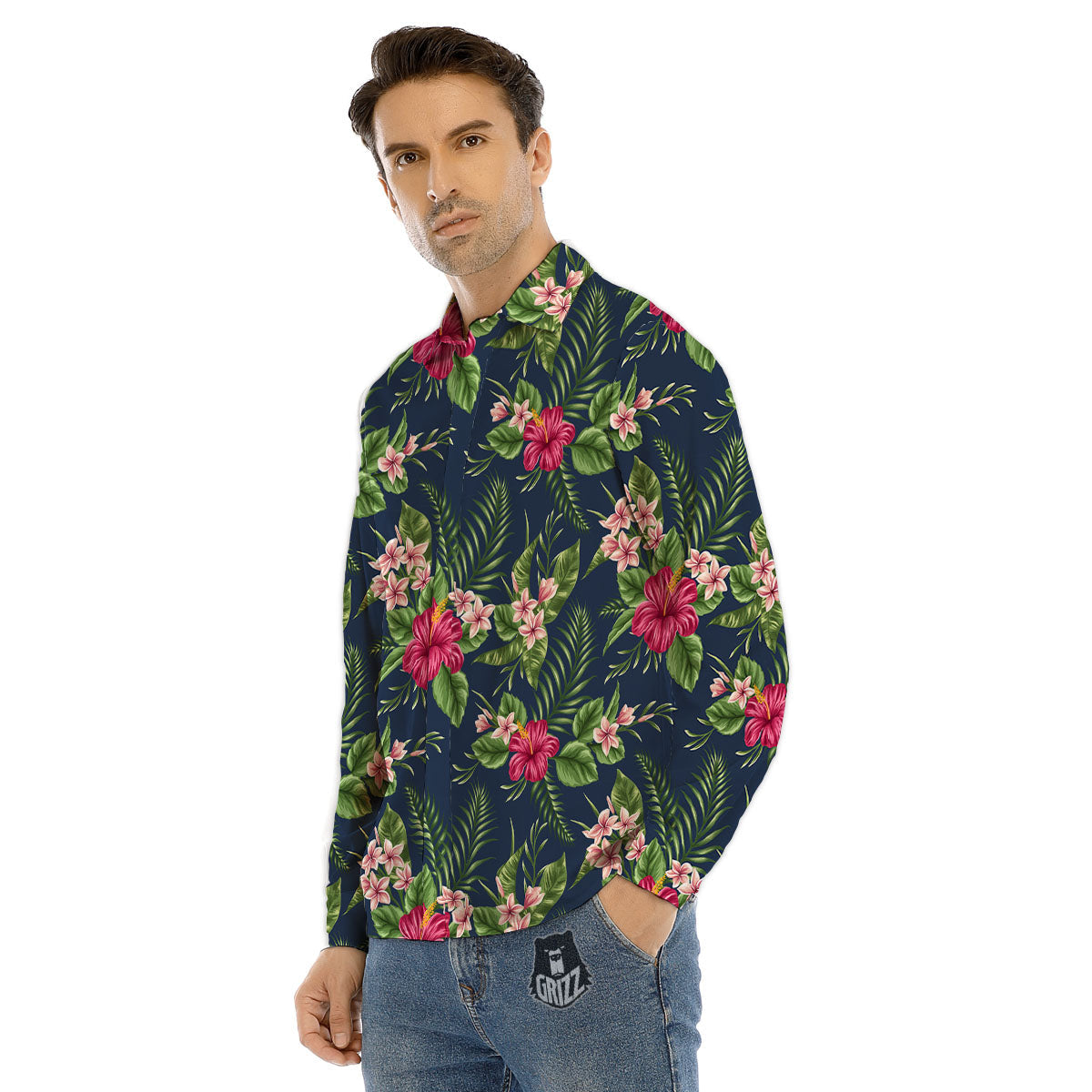 Flowers Hibiscus Plumeria Print Pattern Men's Dress Shirts-grizzshop