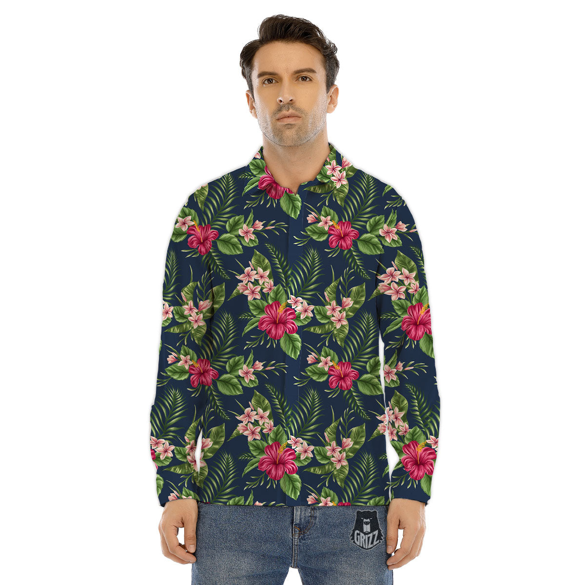 Flowers Hibiscus Plumeria Print Pattern Men's Dress Shirts-grizzshop