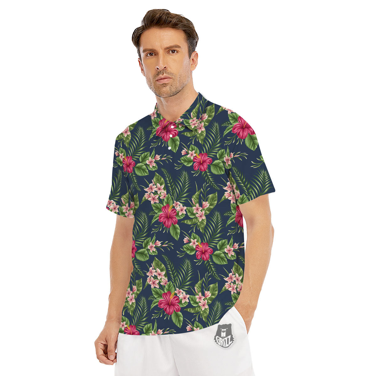 Flowers Hibiscus Plumeria Print Pattern Men's Golf Shirts-grizzshop