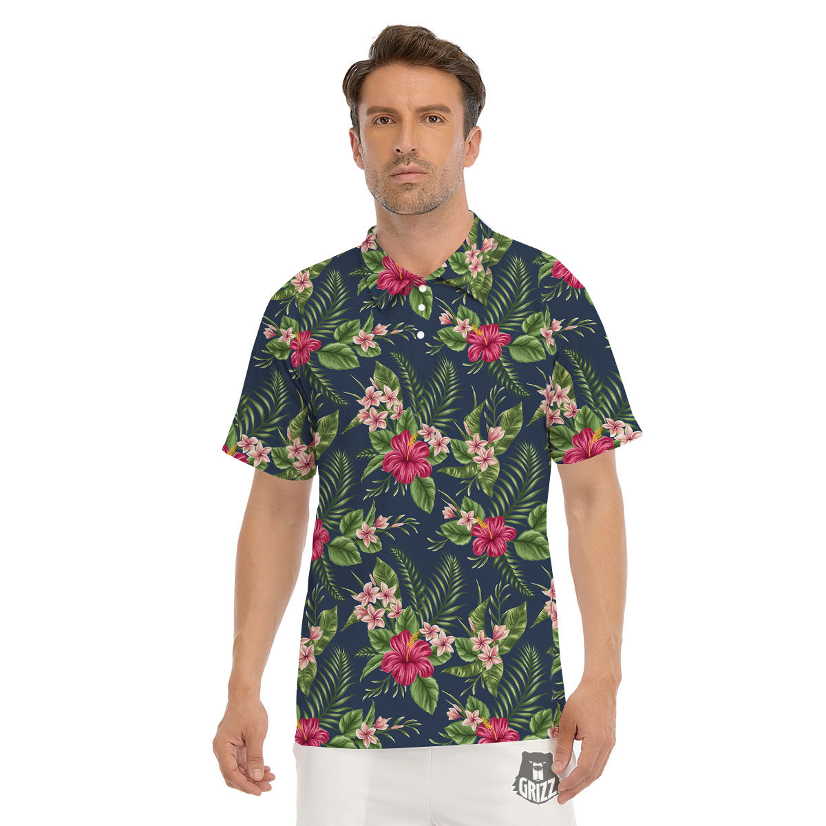 Flowers Hibiscus Plumeria Print Pattern Men's Golf Shirts-grizzshop