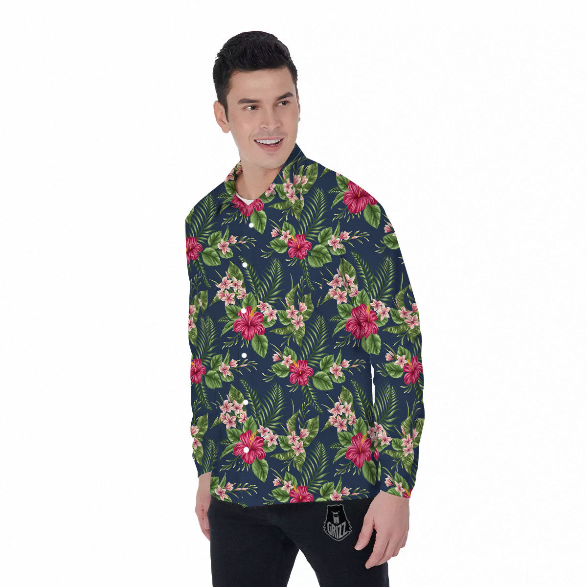 Flowers Hibiscus Plumeria Print Pattern Men's Long Sleeve Shirts-grizzshop