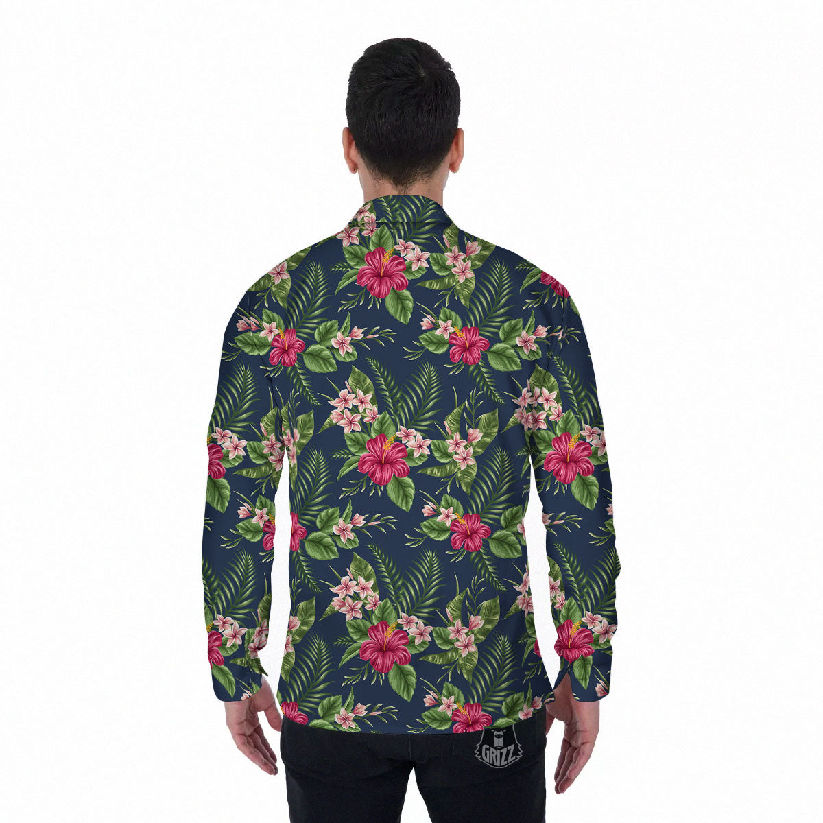 Flowers Hibiscus Plumeria Print Pattern Men's Long Sleeve Shirts-grizzshop
