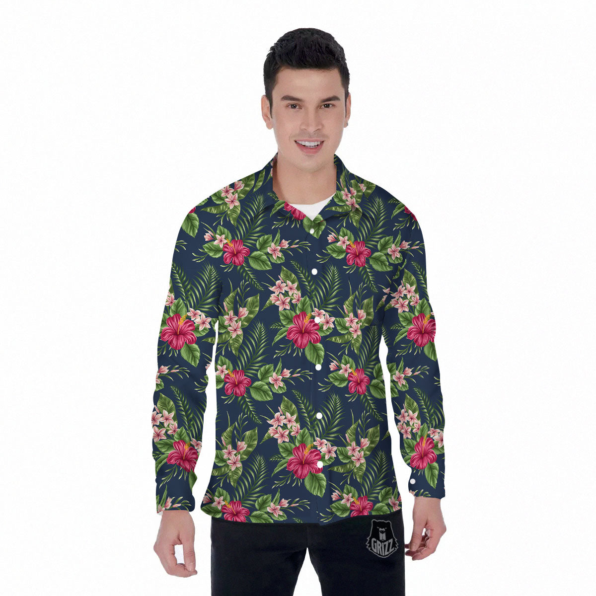 Flowers Hibiscus Plumeria Print Pattern Men's Long Sleeve Shirts-grizzshop