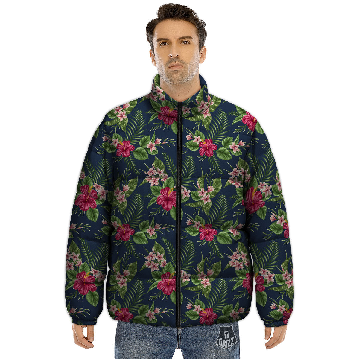 Flowers Hibiscus Plumeria Print Pattern Puffer Jacket-grizzshop