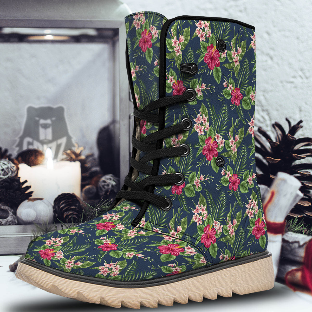 Flowers Hibiscus Plumeria Print Pattern Snow Boots-grizzshop