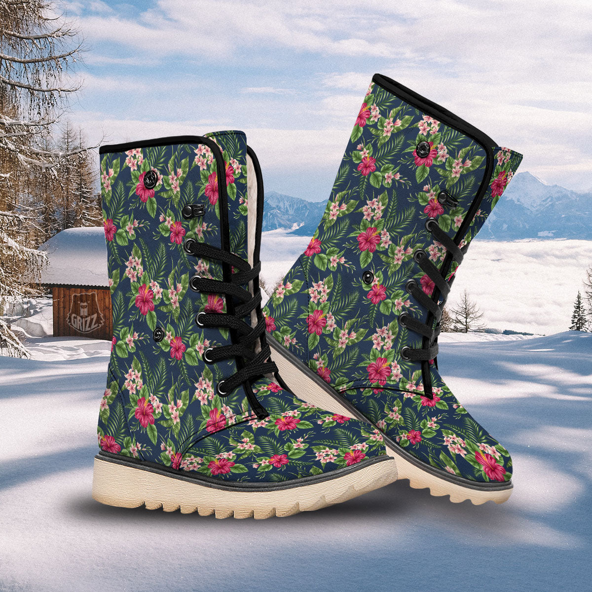 Flowers Hibiscus Plumeria Print Pattern Snow Boots-grizzshop