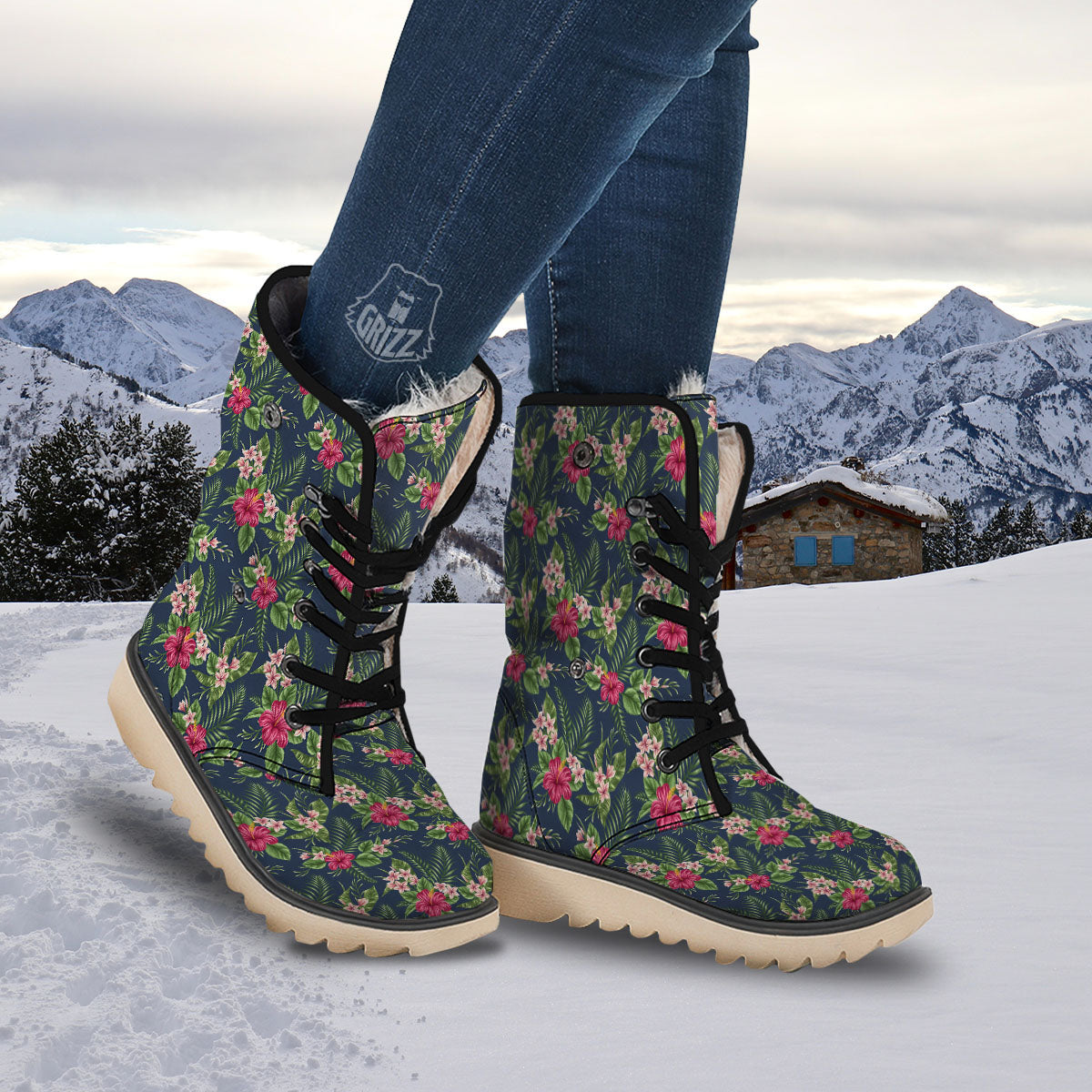 Flowers Hibiscus Plumeria Print Pattern Snow Boots-grizzshop