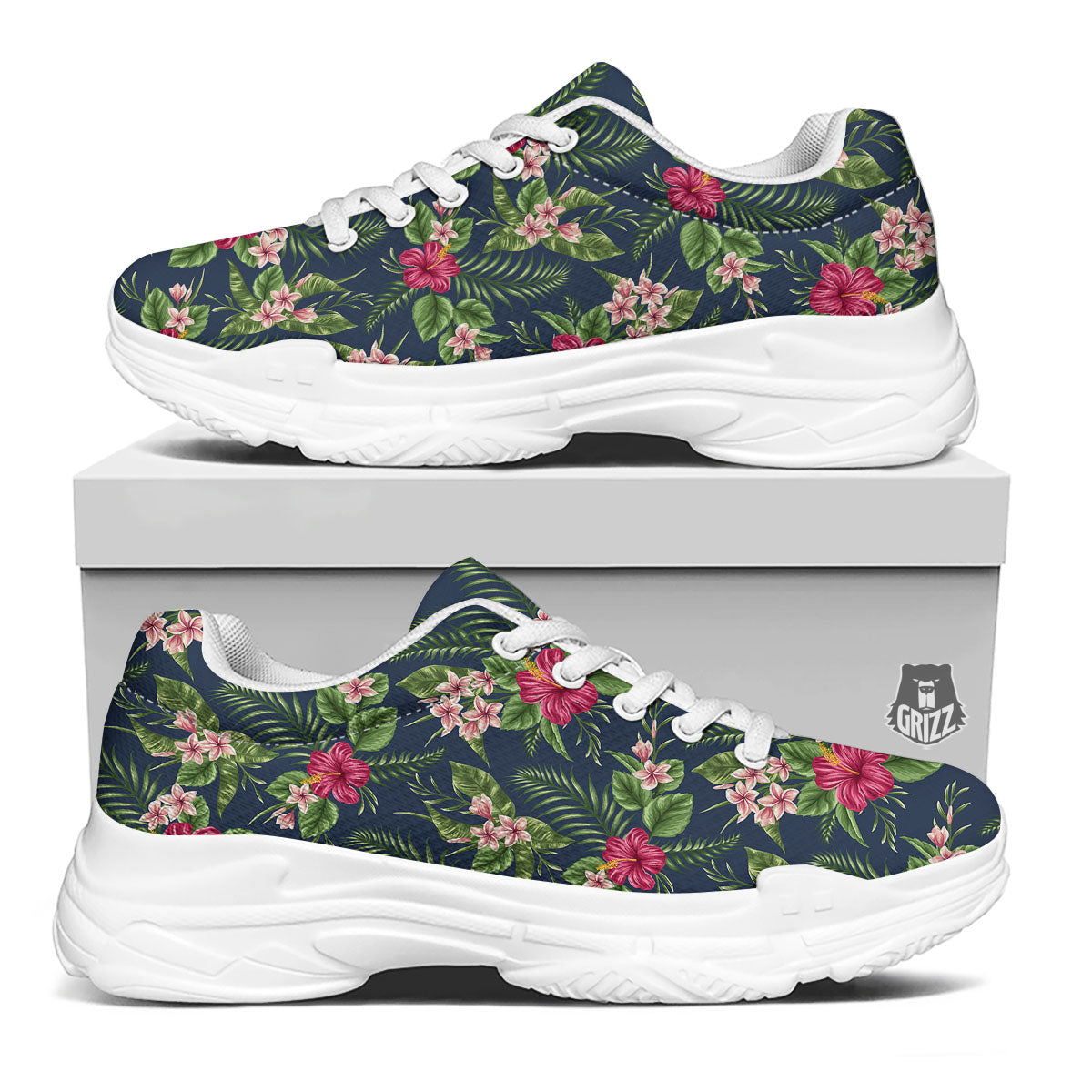 Flowers Hibiscus Plumeria Print Pattern White Chunky Shoes-grizzshop