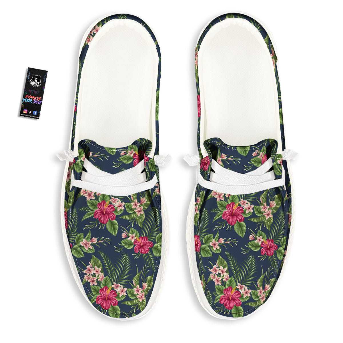 Flowers Hibiscus Plumeria Print Pattern White Loafers-grizzshop
