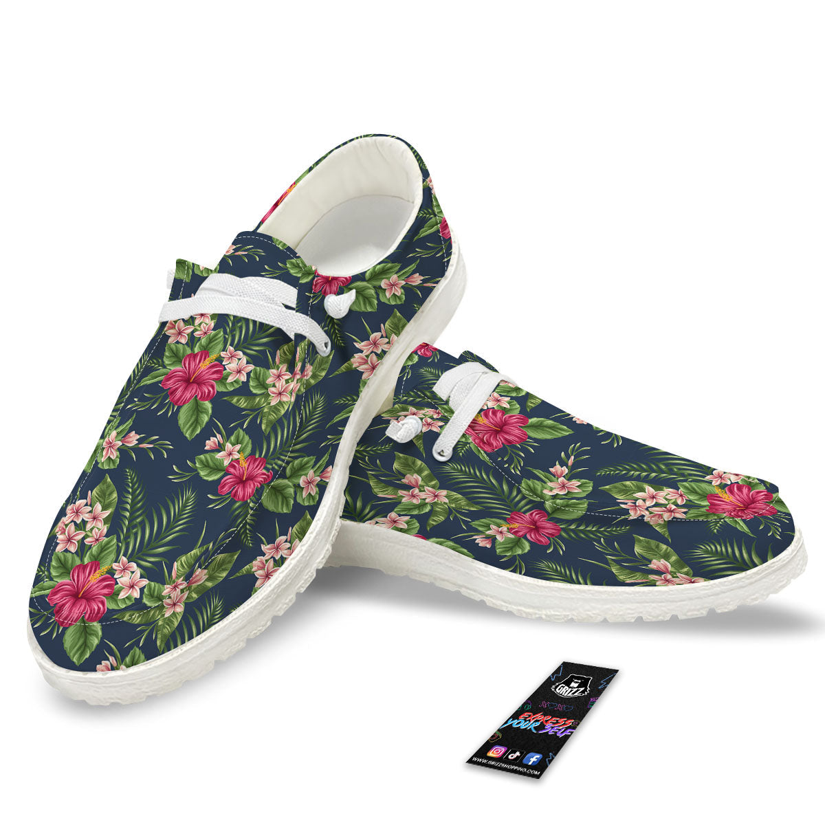 Flowers Hibiscus Plumeria Print Pattern White Loafers-grizzshop