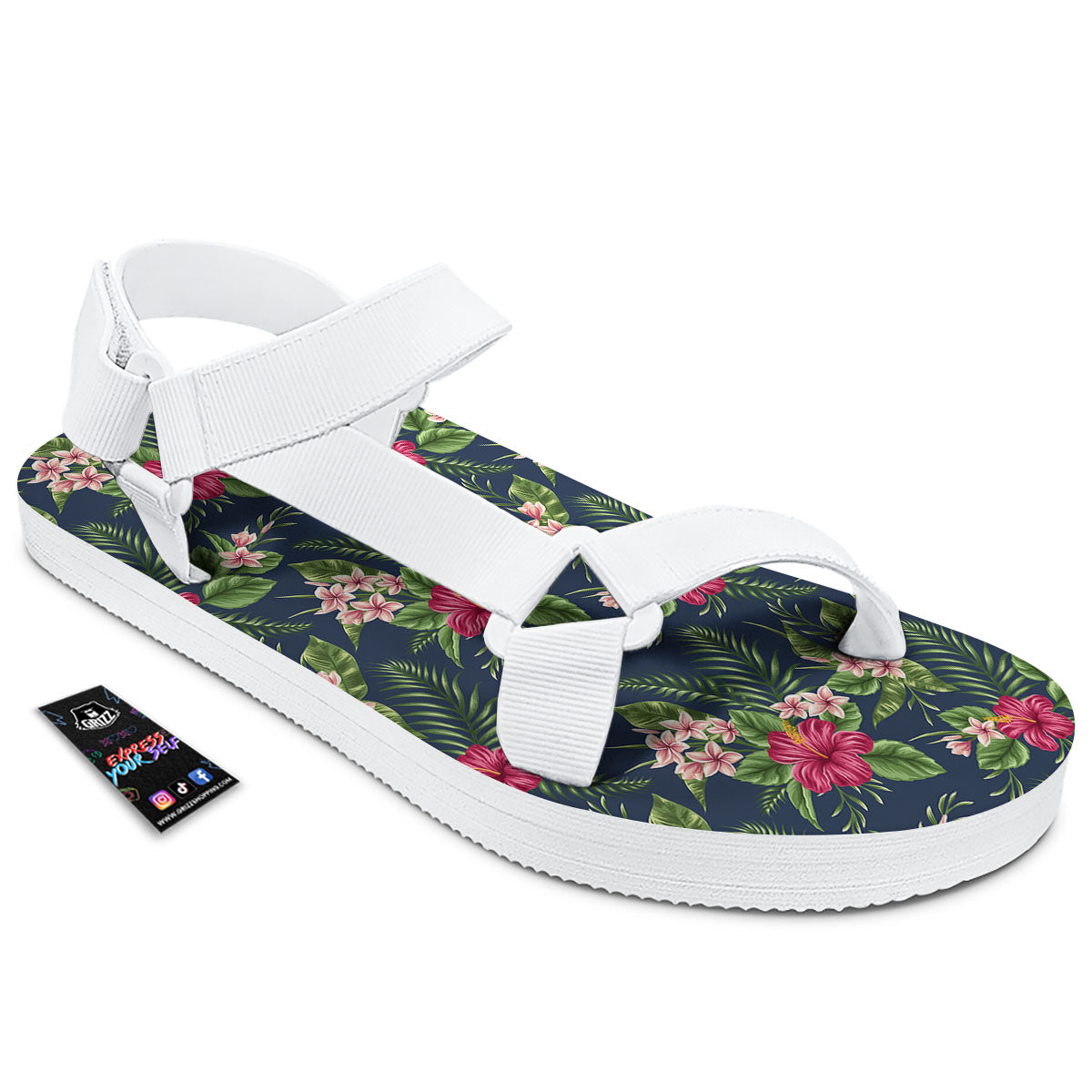 Flowers Hibiscus Plumeria Print Pattern White Open Toe Sandals-grizzshop