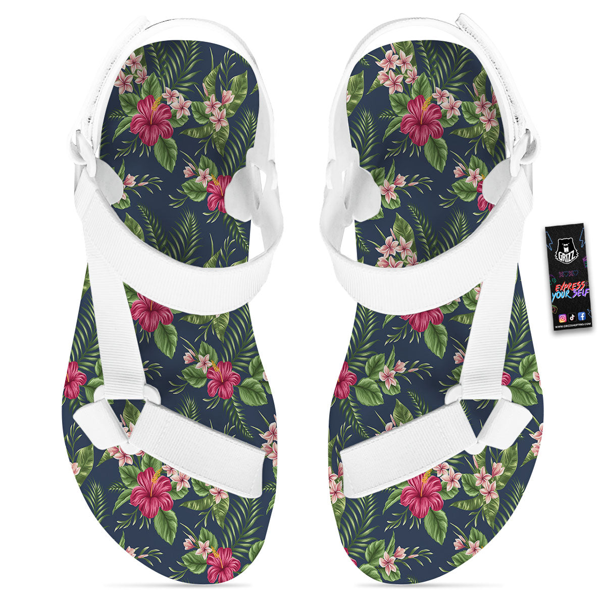 Flowers Hibiscus Plumeria Print Pattern White Open Toe Sandals-grizzshop