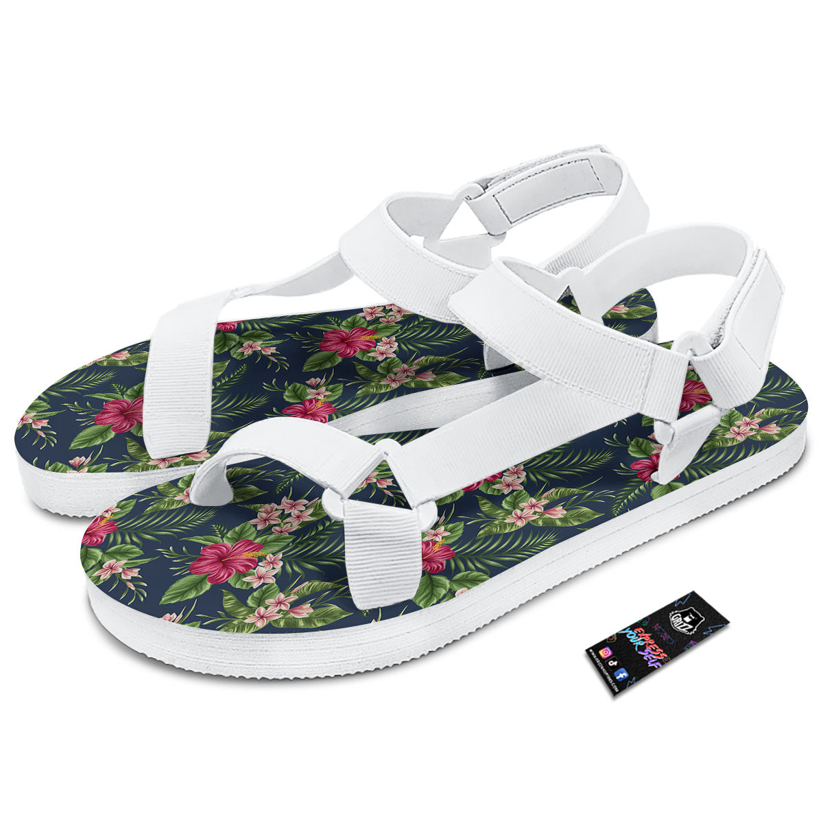 Flowers Hibiscus Plumeria Print Pattern White Open Toe Sandals-grizzshop