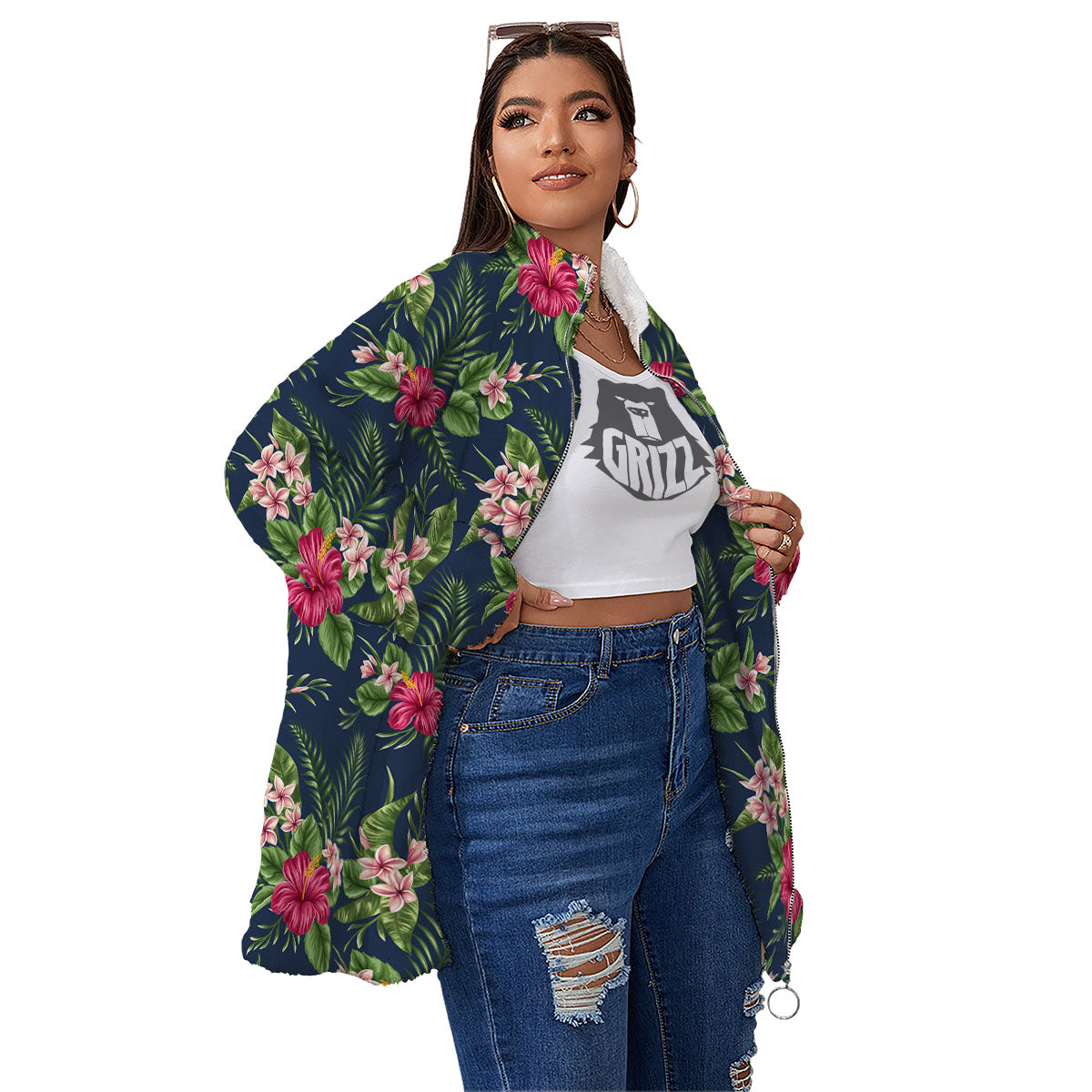 Flowers Hibiscus Plumeria Print Pattern Women's Sherpa Jacket-grizzshop