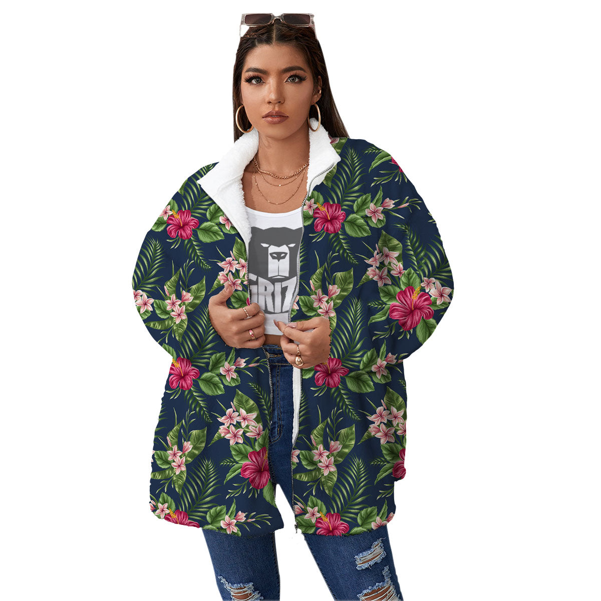 Flowers Hibiscus Plumeria Print Pattern Women's Sherpa Jacket-grizzshop
