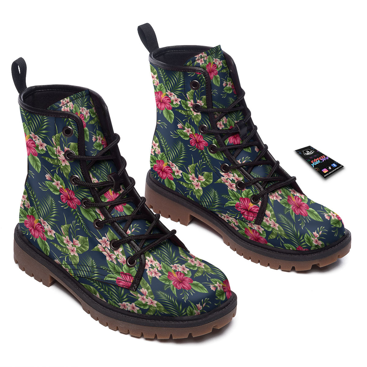 Flowers Hibiscus Plumeria Print Pattern Work Boots-grizzshop
