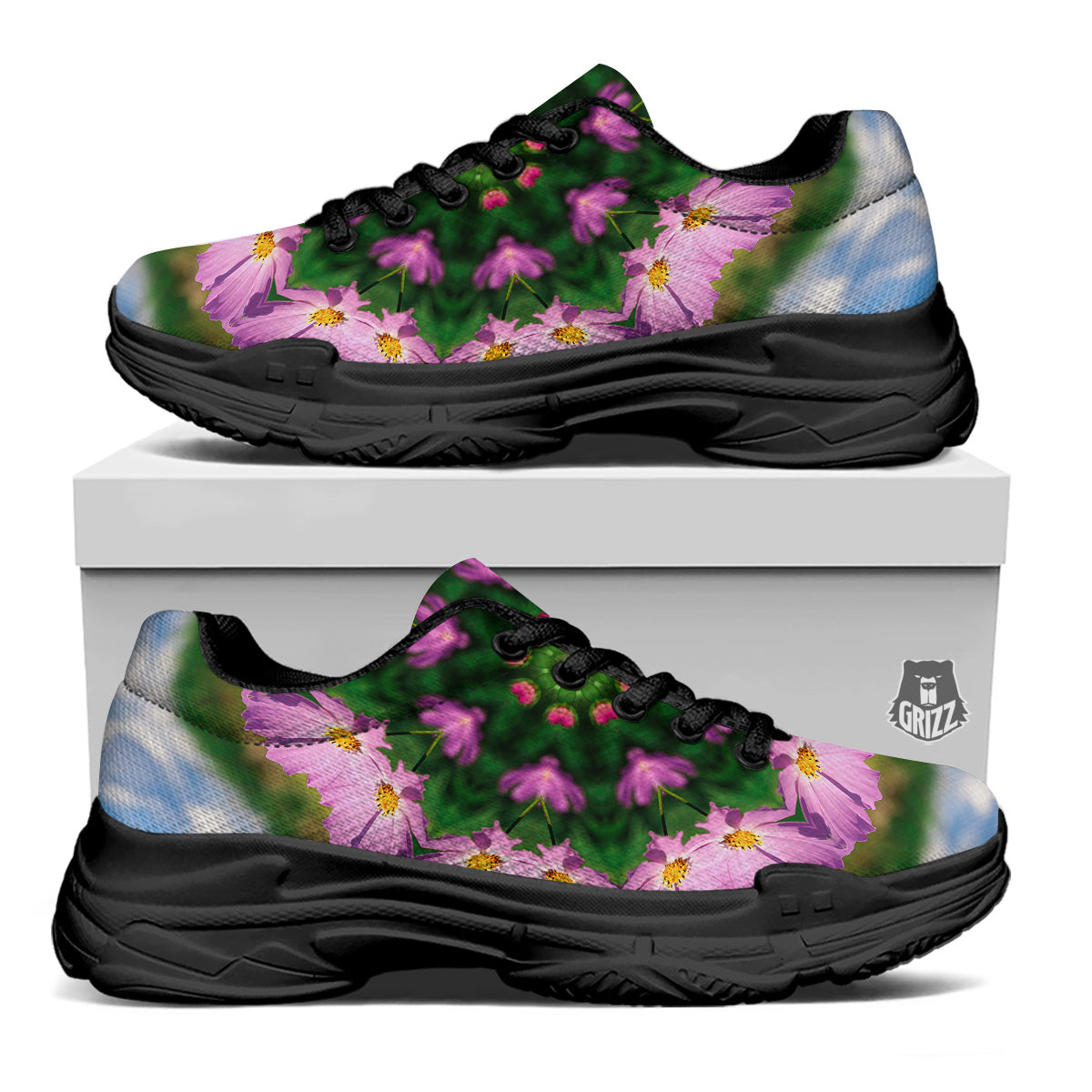 Flowers Kaleidoscope Pink And Blue Print Black Chunky Shoes-grizzshop