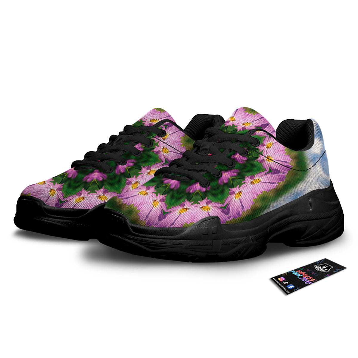Flowers Kaleidoscope Pink And Blue Print Black Chunky Shoes-grizzshop