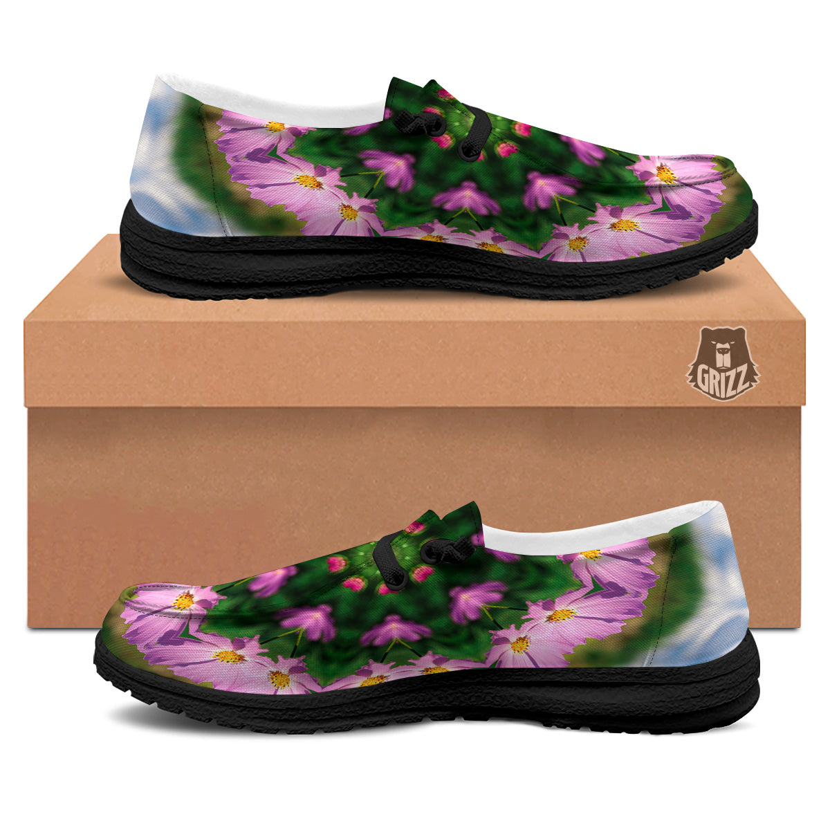 Flowers Kaleidoscope Pink And Blue Print Black Loafers-grizzshop